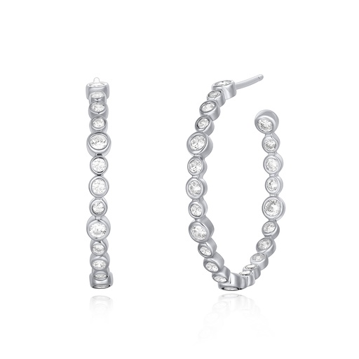 [PD02E0073] Silver-Tone Bezel-Set Crystal Hoop Brass Earrings