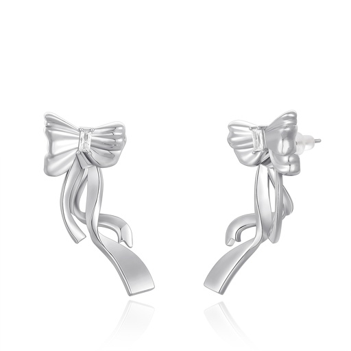 [PD02E0080] Elegant Silver Bow Earrings With Sculptural Flowing Ribbon Details