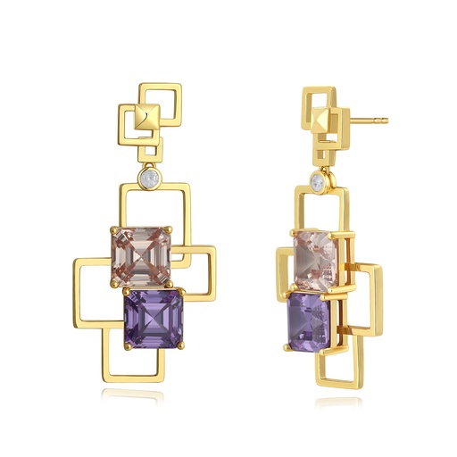 [PD02E0087] Geometric drop earrings with colorful square stones and gold frame.
