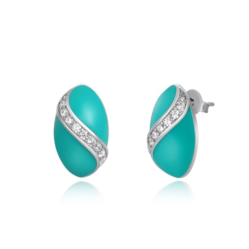 [PD02E0090] Modern turquoise oval stud earrings with diagonal crystal stripe design.
