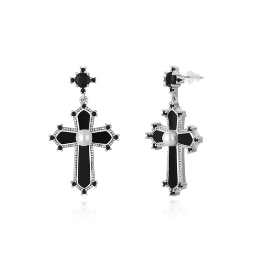 [PD02E0092] Gothic Cross Brass Earrings with Pearl and Black Enamel