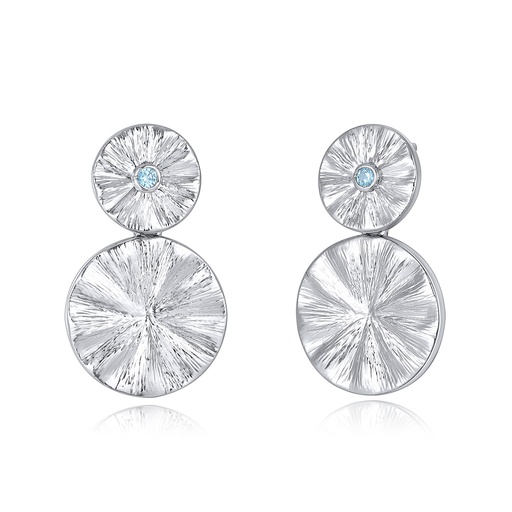 [PD02E0093] Silver-Tone Dual Circle Earrings with Blue Crystal Centerpiece