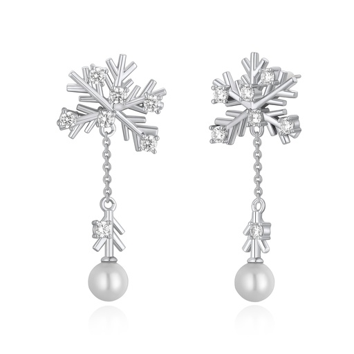 [PD02E0095] Snowflake Pearl Drop Earrings with Cubic Zirconia Crystals