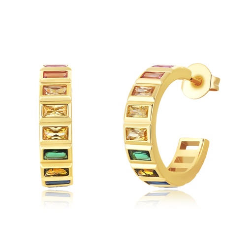 [PD02E0102] Rainbow Gemstone Hoop Earrings in Gold Brass, Bold Color Pop