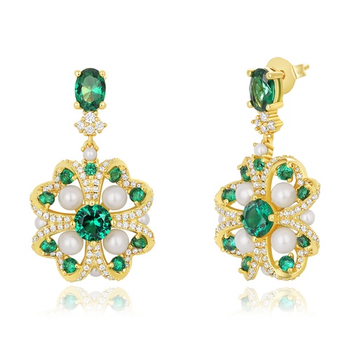 [PD02E0104] Elegant Floral Drop Earrings with Green Crystals and Pearls