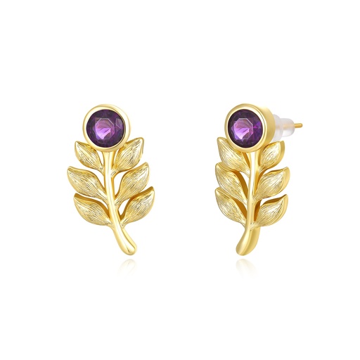 [PD02E0106] Gold Leaf Stud Earrings with Purple Round Crystal Accent