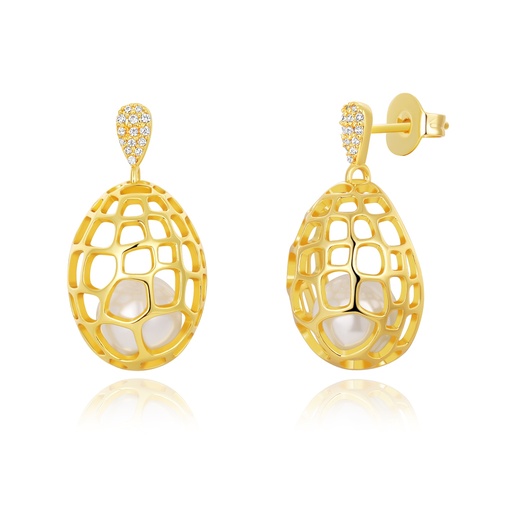 [PD02E0114] Golden Cage Teardrop Earrings with Pearl Core Design