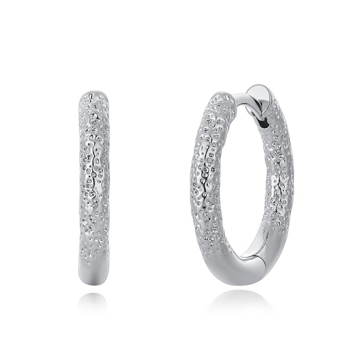 [PD02E0118] Textured Silver Huggie Hoops with Organic Surface Finish