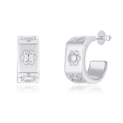[PD02E0123] Elegant Floral Patterned Hoop Earrings in Polished Silver Finish