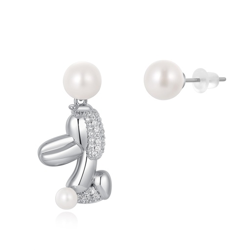 [PD02E0128] Playful Balloon Dog Pearl Earrings with Silver and Crystal Accents