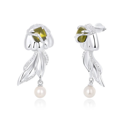 [PD02E0129] Elegant Floral Drop Earrings with Green Gemstone and Pearl Accents