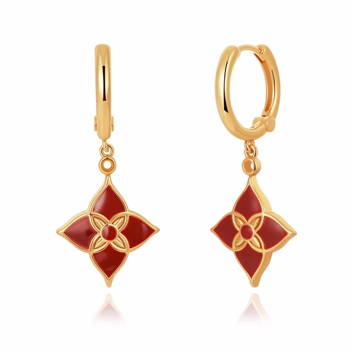 [PD02E0138-2] Red Enamel Flower Earrings with Elegant Gold Drop Design