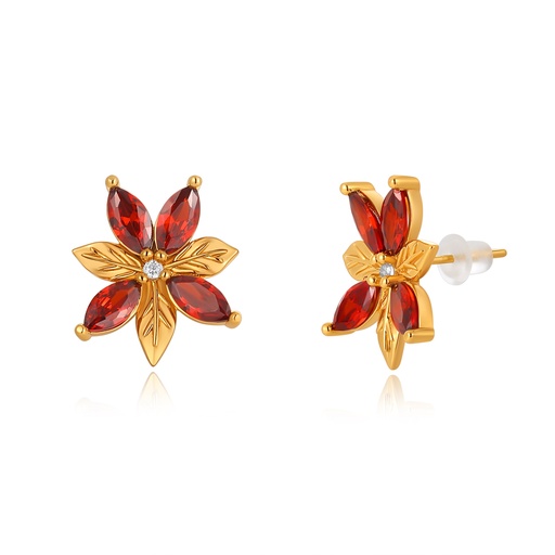 [PD02E0146] Red crystal flower studs with golden leaf and bright sparkle