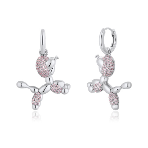 [PD02E0149] Silver Balloon Dog Drop Earrings with Sparkling Pink Accents