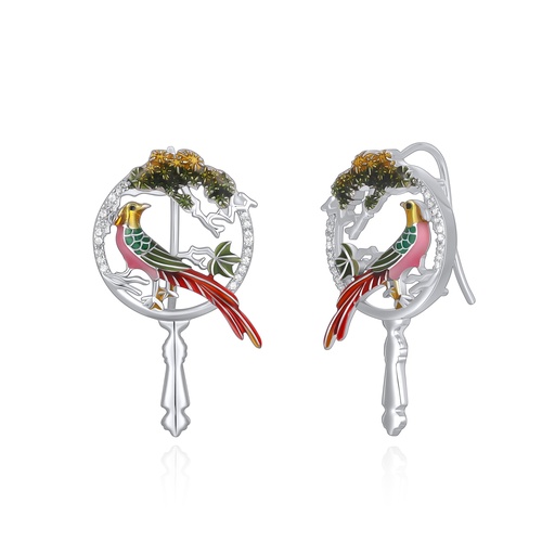 [PD02E0154] Oriental Enamel Bird Earrings with Natural Elegance