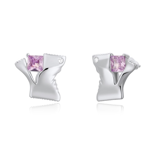 [PD02E0155] Sculpted Silver Ribbon Studs with Pink Princess Stone