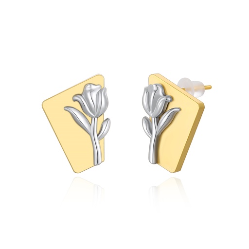 [PD02E0156] Tulip Bloom Earrings on Geometric Gold Plate