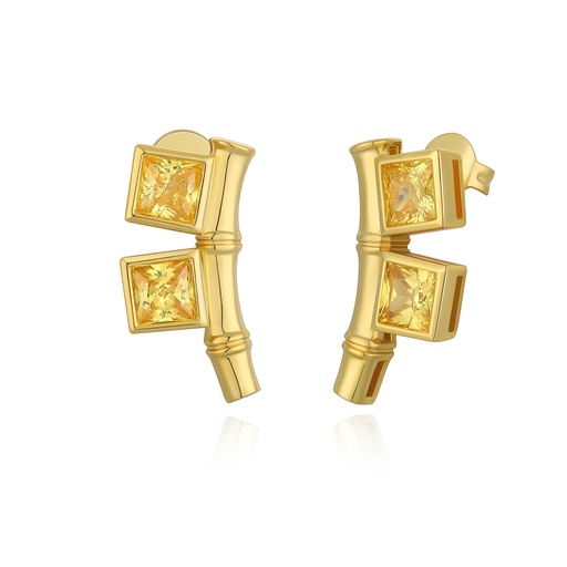 [PD02E0165] Gold Bamboo Earrings with Square Yellow Crystals