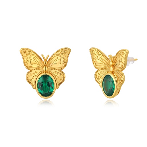 [PD02E0166] Golden Butterfly Stud Earrings with Green Crystal Accent