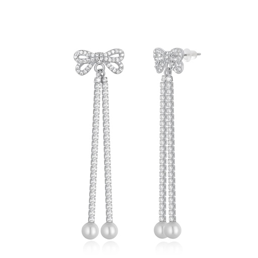 [PD02E0167] Crystal Bow Dangle Earrings with Pearl Drop Detail