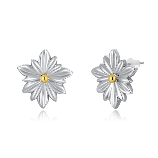 [PD02E0170] Silver Floral Stud Earrings with Golden Center Accent