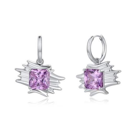 [PD02E0171] Purple Princess-Cut Earrings with Abstract Silver Frame