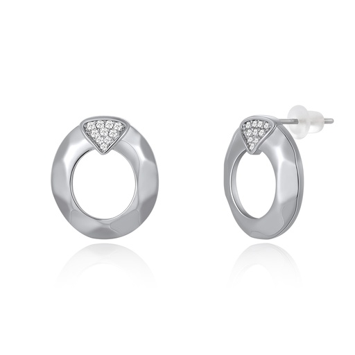 [PD02E0174] Silver Round Stud Earrings with Triangle Crystal Accent