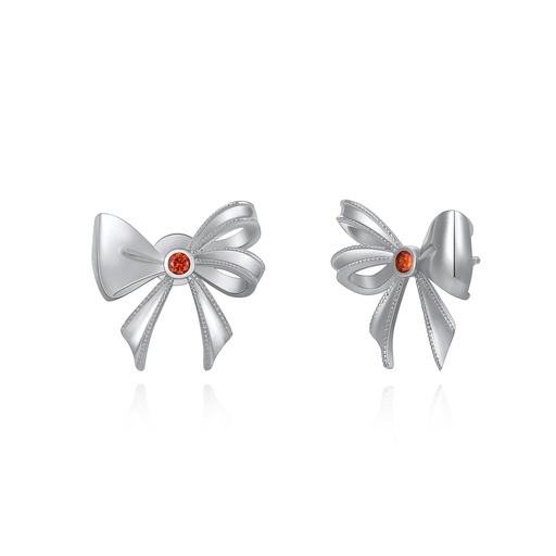 [PD02E0180] Silver Bow Stud Earrings with Red Center Crystal