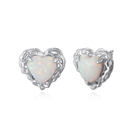 [PD02E0185] Heart Opal Stud Earrings with Organic Silver Frame