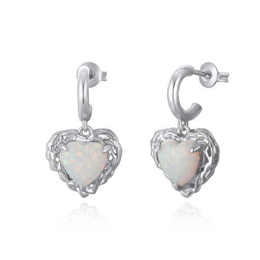 [PD02E0186] Heart Opal Drop Earrings in Textured Hoop Design