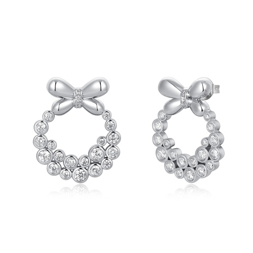 [PD02E0194] Crystal Bow Circle Studs in Elegant Rhodium Finish