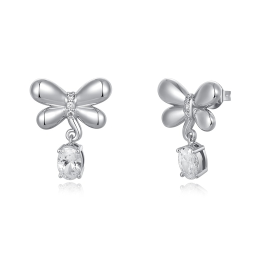 [PD02E0195] Bow Drop Earrings with Clear Oval Crystal Charm