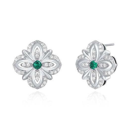 [PD02E0198-1] Floral Stud Earrings with Green and White Crystals