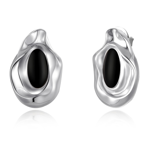 [PD02E0210] Organic Wave Silver Earrings with Black Oval Inlay