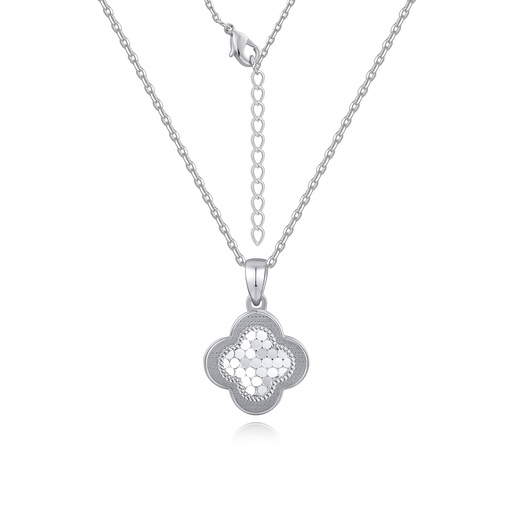 [PD02N0086-1] Silver Clover Pendant Necklace with Honeycomb Textured Center