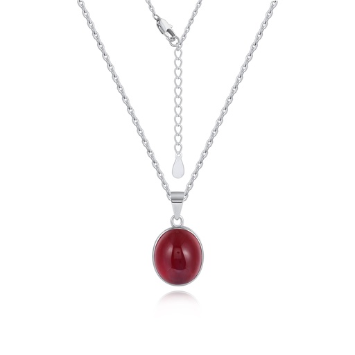 [PD02N0156] Oval Red Cabochon Pendant Necklace on Silver Chain