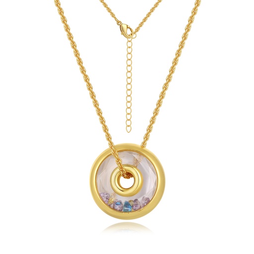 [PD02N0158] Gold Circle Pendant Necklace with Floating Multicolor Crystals