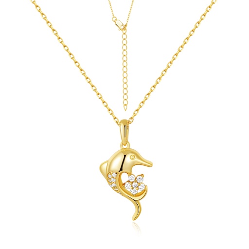 [PD02N0168] Gold Dolphin Pendant Necklace with CZ Floral Accent