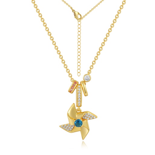 [PD02N0188] Gold Pinwheel Pendant Necklace with Multicolored Gem Charms