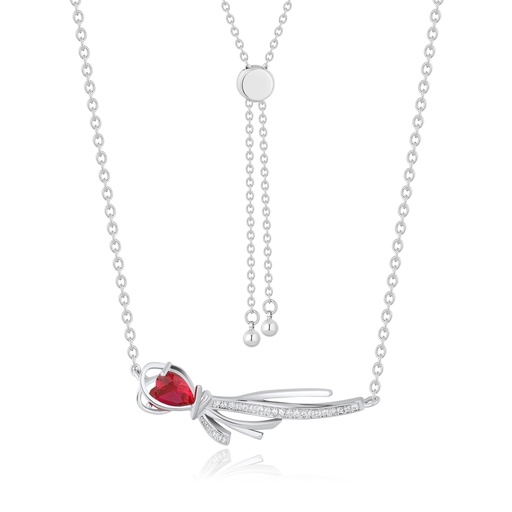 [PD02N0189] Silver Shooting Heart Necklace with Red and Crystal Accents