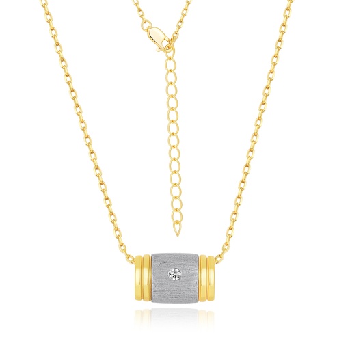 [PD02N0195] Modern gold necklace with brushed silver barrel and crystal accent.