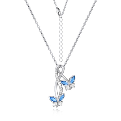 [PD02N0196] Silver butterfly necklace with double blue crystal wing charms.