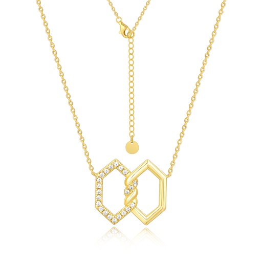 [PD02N0197] Gold hexagon pendant necklace with interlocking crystal and plain shapes.