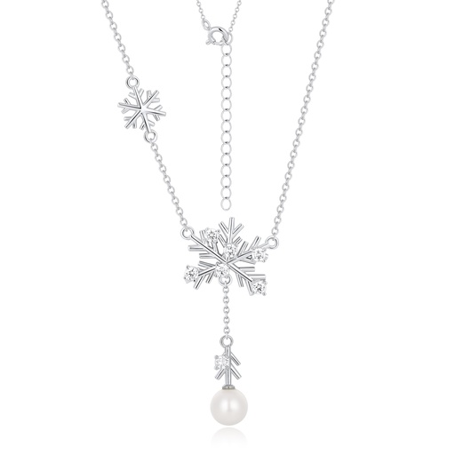 [PD02N0201] Elegant snowflake necklace with pearl drop and crystal details.