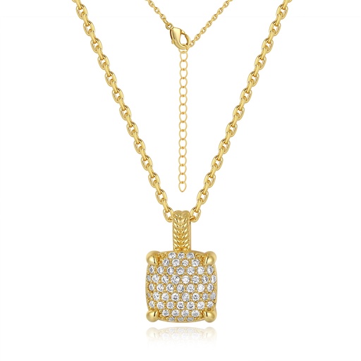 [PD02N0202] Luxurious gold necklace with cushion pavé pendant and bold chain.