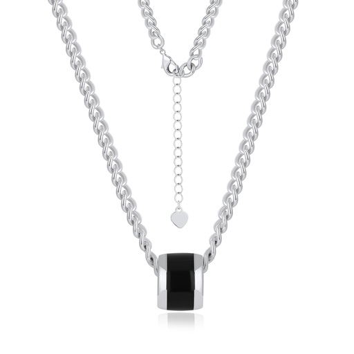 [PD02N0209] Heavy silver chain necklace with glossy black barrel centerpiece charm.
