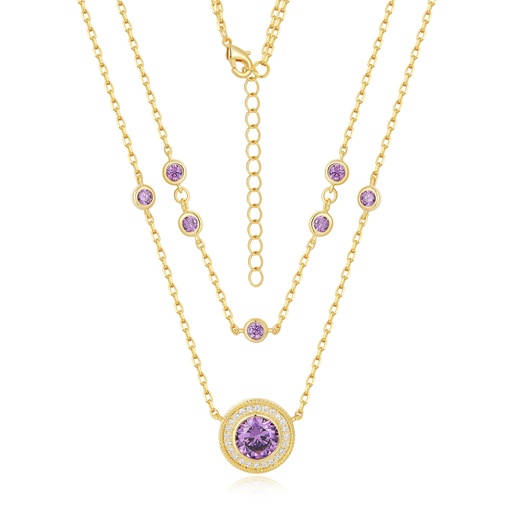 [PD02N0211] Layered Gold Necklace with Sparkling Purple CZ Accents