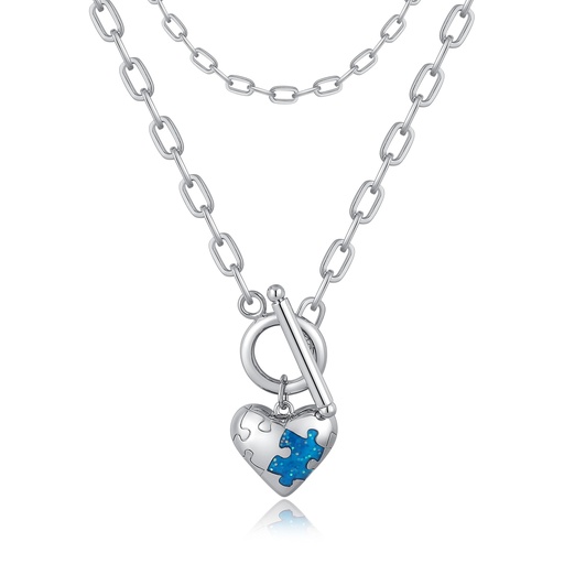 [PD02N0215] Silver Heart Puzzle Necklace with Blue Opal Inlay Charm