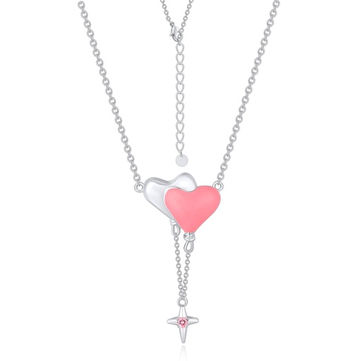 [PD02N0216] Silver Pink Balloon Heart Necklace with Dangling Star Charm