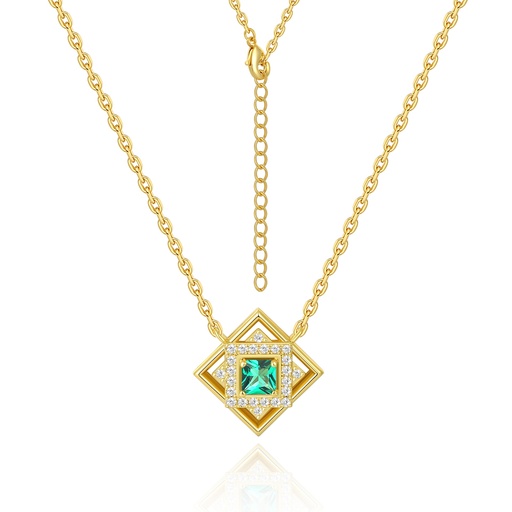 [PD02N0217] Gold Square Frame Necklace with Green and White Crystals